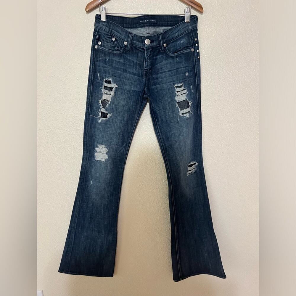 Rock & Republic Roth dark blue studded distressed bootcut western jeans 29